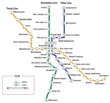 Map of routes for the Sapporo subway system.