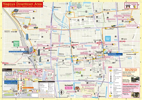 Nagoya city map highlighting sightseeings spots and railway routes.